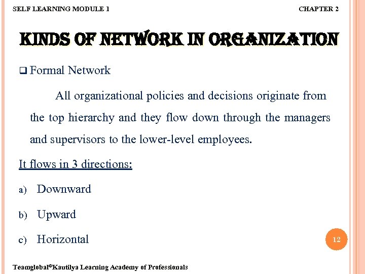 SELF LEARNING MODULE 1 CHAPTER 2 KINDS OF NETWORK IN ORGANIZATION q Formal Network