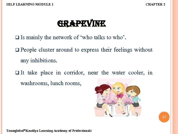 SELF LEARNING MODULE 1 CHAPTER 2 GRAPEVINE q Is mainly the network of ‘who