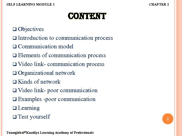 SELF LEARNING MODULE 1 CHAPTER 2 CONTENT q Objectives q Introduction to communication process