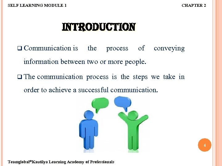 SELF LEARNING MODULE 1 CHAPTER 2 INTRODUCTION q Communication is the process of conveying