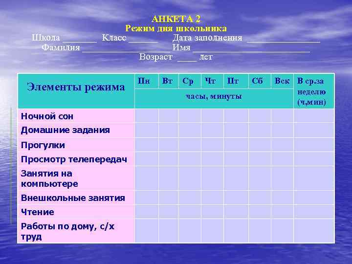 АНКЕТА 2 Режим дня школьника Школа _______ Класс ______ Дата заполнения ________ Фамилия _________