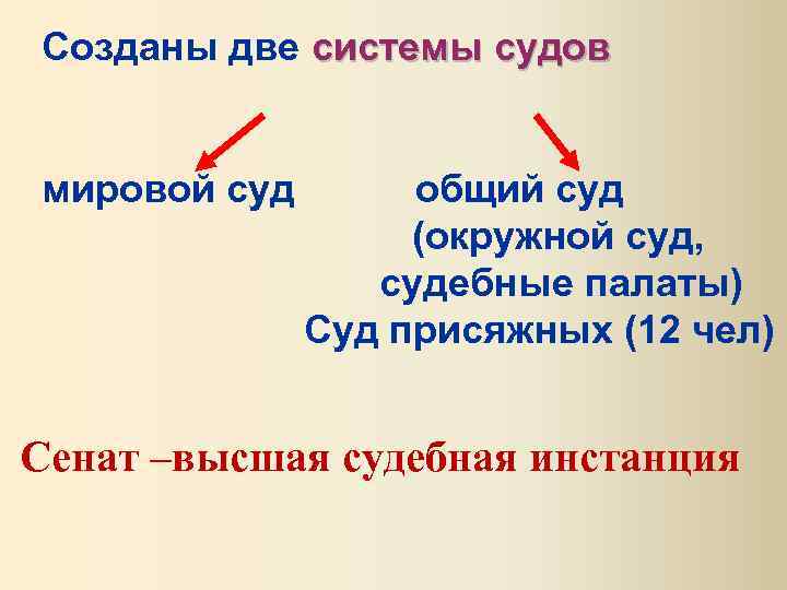 Созданы две системы судов мировой суд общий суд (окружной суд, судебные палаты) Суд присяжных