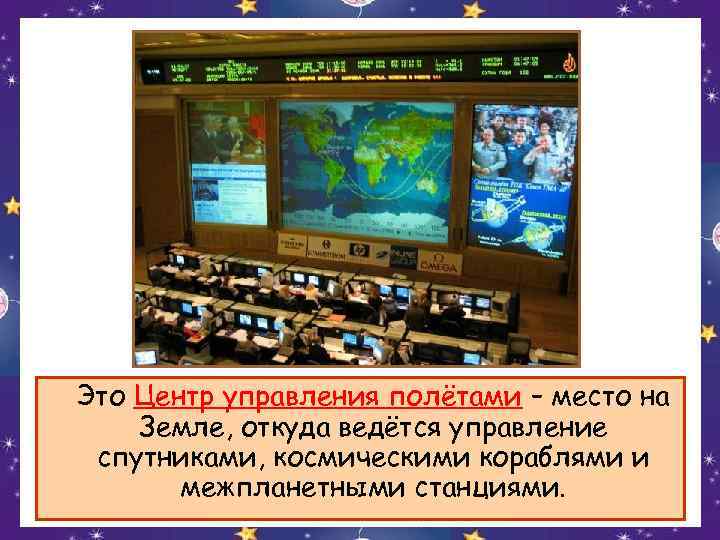 Это Центр управления полётами – место на Земле, откуда ведётся управление спутниками, космическими кораблями