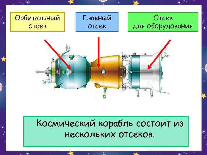 Орбитальный отсек Главный отсек Отсек для оборудования Космический корабль состоит из нескольких отсеков. 