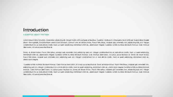 Introduction A SUBTITLE ABOUT THE TEAM Lorem ipsum dolor sit amet, consectetur adipiscing elit.