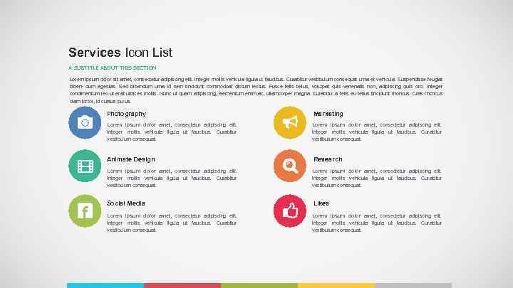 Services Icon List A SUBTITLE ABOUT THIS SECTION Lorem ipsum dolor sit amet, consectetur