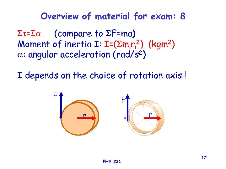 Overview of material for exam: 8 =I (compare to F=ma) Moment of inertia I:
