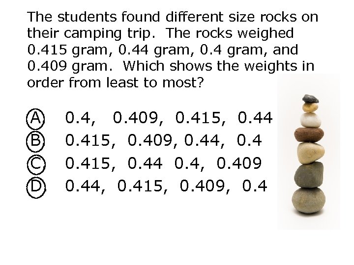 The students found different size rocks on their camping trip. The rocks weighed 0.