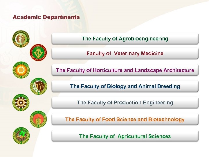 Academic Departments The Faculty of Agrobioengineering Faculty of Veterinary Medicine The Faculty of Horticulture