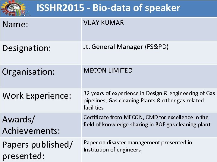 ISSHR 2015 - Bio-data of speaker Name: VIJAY KUMAR Designation: Jt. General Manager (FS&PD)