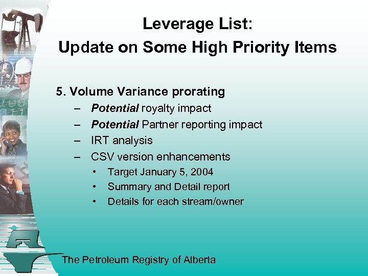 Leverage List: Update on Some High Priority Items 5. Volume Variance prorating – –