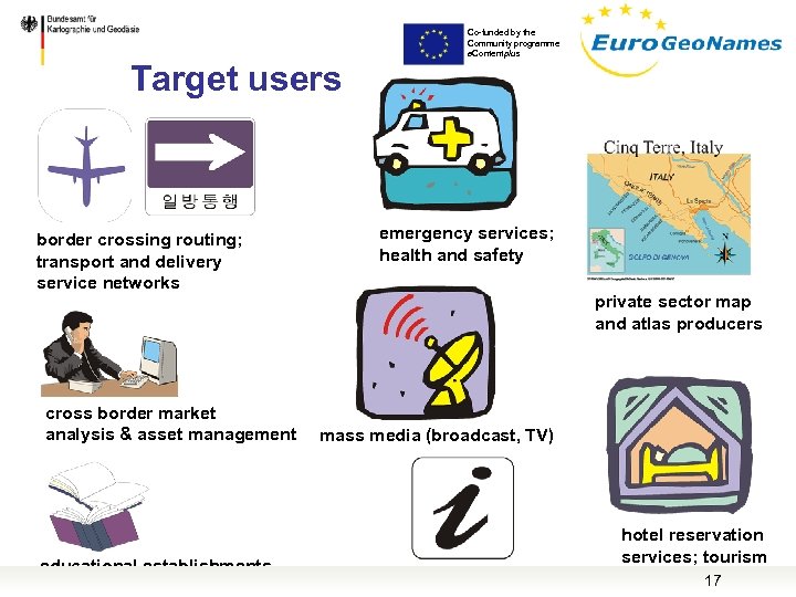 Co-funded by the Community programme e. Contentplus Target users border crossing routing; transport and