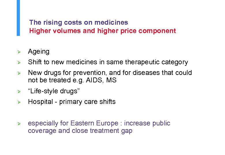 The rising costs on medicines Higher volumes and higher price component Ø Ageing Ø