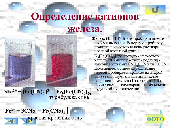 Определение катионов железа. 3 Fe 2+ + [Fe(CN)6 ]3 - = Fe 3[Fe(CN)6]2 турнбулева