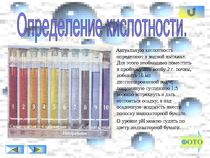 Актуальную кислотность определяют в водной вытяжке. Для этого необходимо поместить в пробирку или колбу