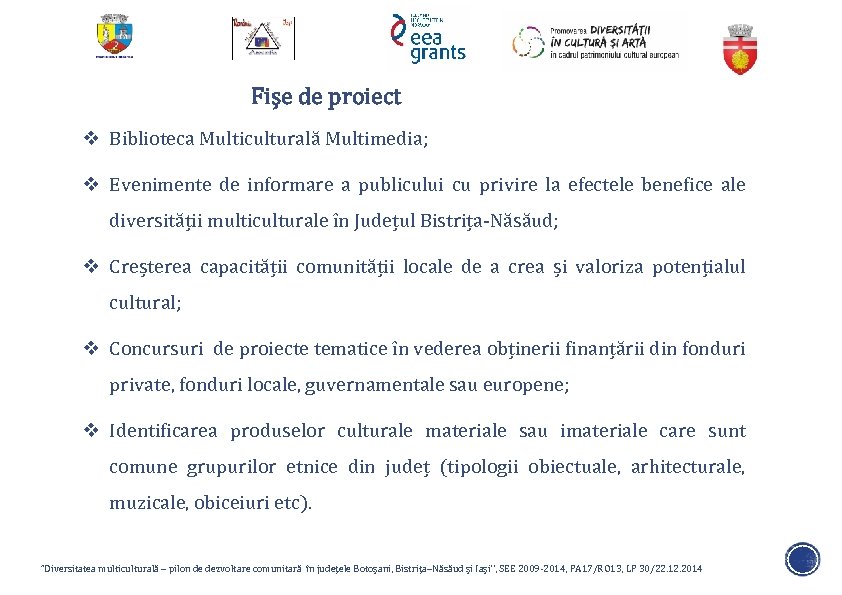 Fișe de proiect v Biblioteca Multiculturală Multimedia; v Evenimente de informare a publicului cu