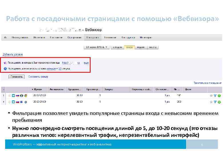 Работа с посадочными страницами с помощью «Вебвизора» • Фильтрация позволяет увидеть популярные страницы входа