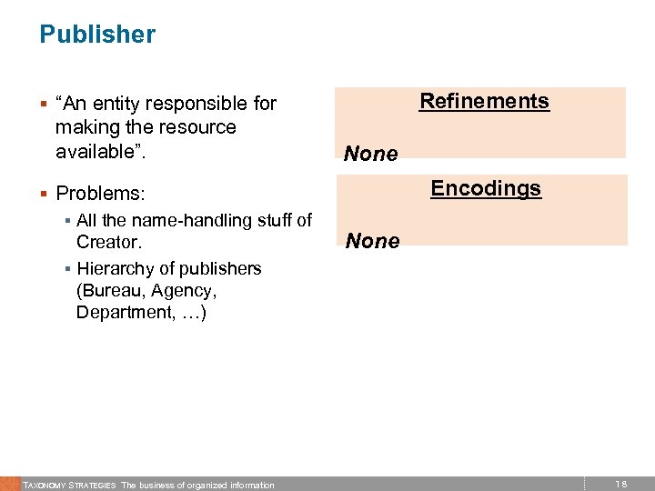 Publisher Refinements § “An entity responsible for making the resource available”. § Problems: §
