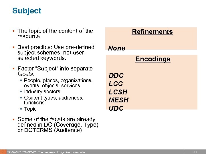 Subject § The topic of the content of the Refinements resource. § Best practice: