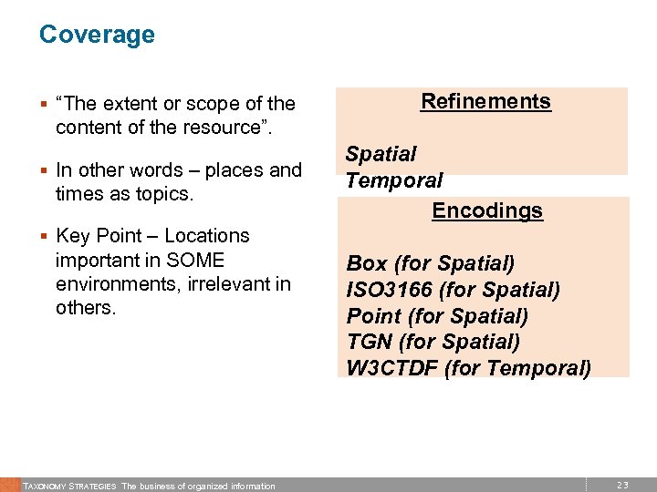 Coverage § “The extent or scope of the Refinements content of the resource”. §