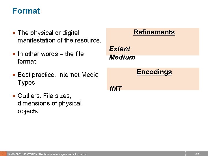 Format Refinements § The physical or digital manifestation of the resource. § In other