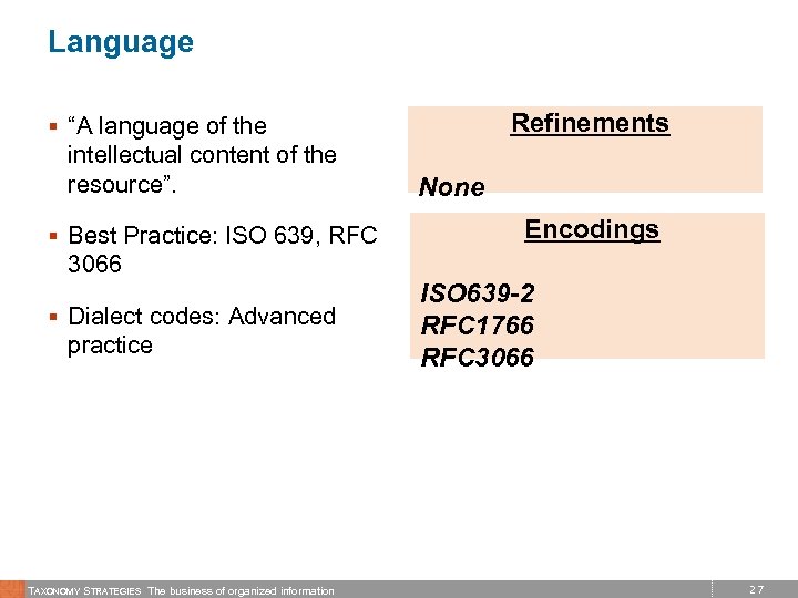 Language Refinements § “A language of the intellectual content of the resource”. § Best
