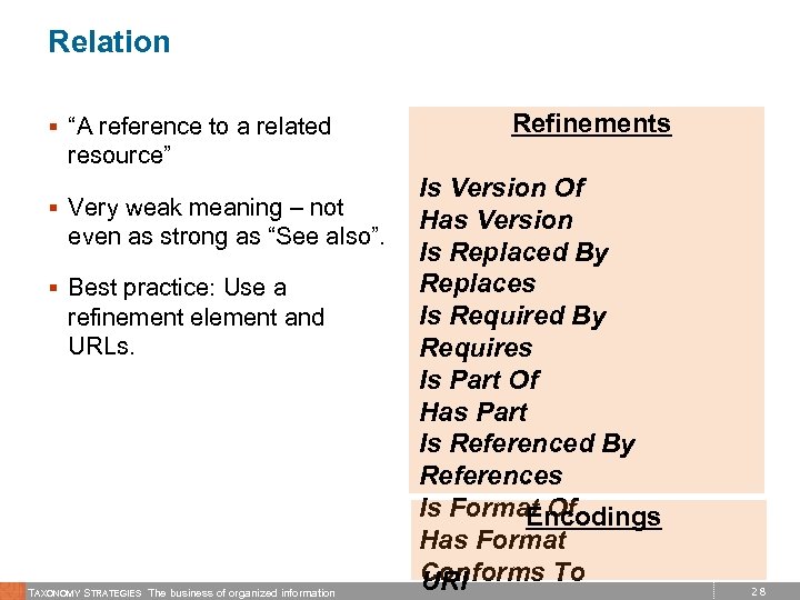 Relation § “A reference to a related Refinements resource” § Very weak meaning –