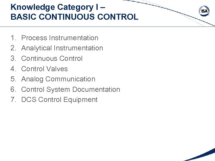 Knowledge Category I – BASIC CONTINUOUS CONTROL 1. 2. 3. 4. 5. 6. 7.