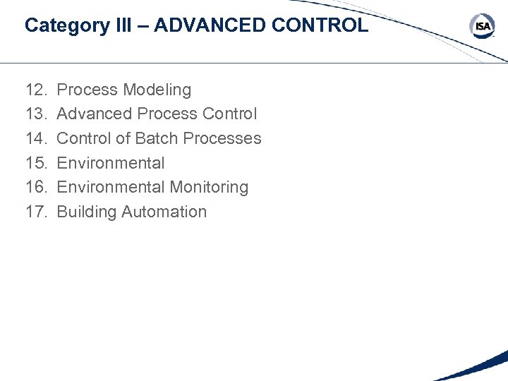 Category III – ADVANCED CONTROL 12. 13. 14. 15. 16. 17. Process Modeling Advanced