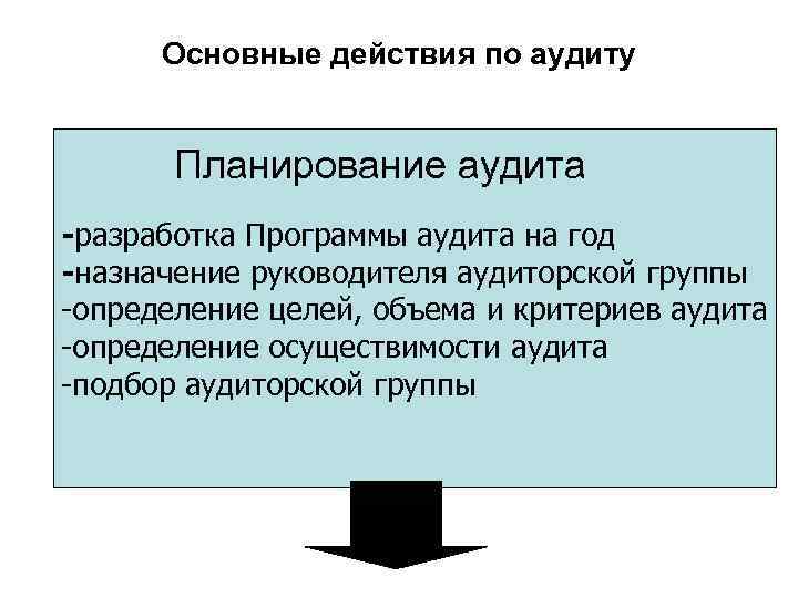 Основные действия по аудиту Планирование аудита -разработка Программы аудита на год -назначение руководителя аудиторской