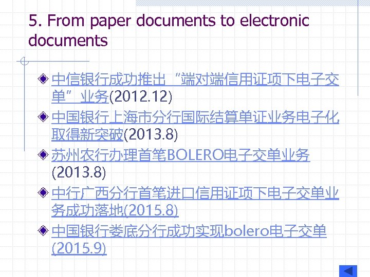 5. From paper documents to electronic documents 中信银行成功推出“端对端信用证项下电子交 单”业务(2012. 12) 中国银行上海市分行国际结算单证业务电子化 取得新突破(2013. 8) 苏州农行办理首笔BOLERO电子交单业务