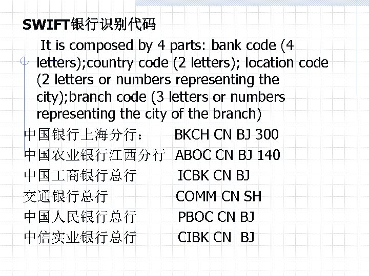 SWIFT银行识别代码 It is composed by 4 parts: bank code (4 letters); country code (2