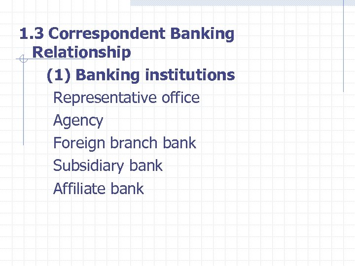 1. 3 Correspondent Banking Relationship (1) Banking institutions Representative office Agency Foreign branch bank