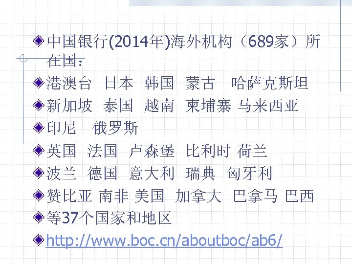 中国银行(2014年)海外机构（689家）所 在国： 港澳台 日本 韩国 蒙古 哈萨克斯坦 新加坡 泰国 越南 柬埔寨 马来西亚 印尼 俄罗斯