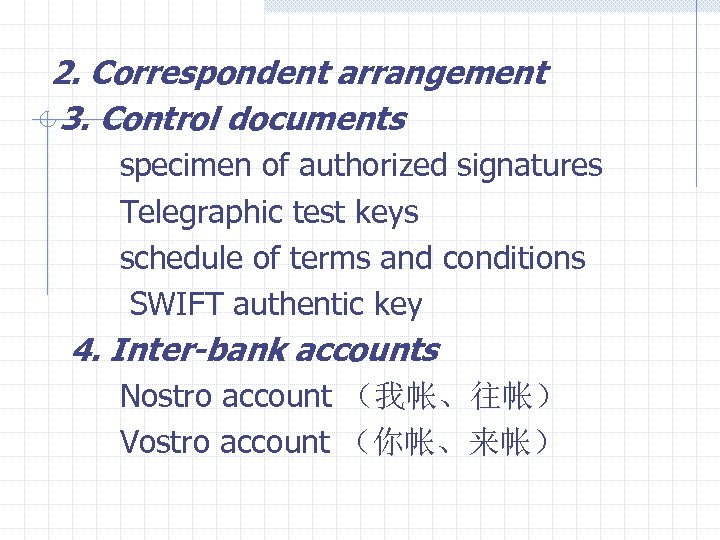 2. Correspondent arrangement 3. Control documents specimen of authorized signatures Telegraphic test keys schedule