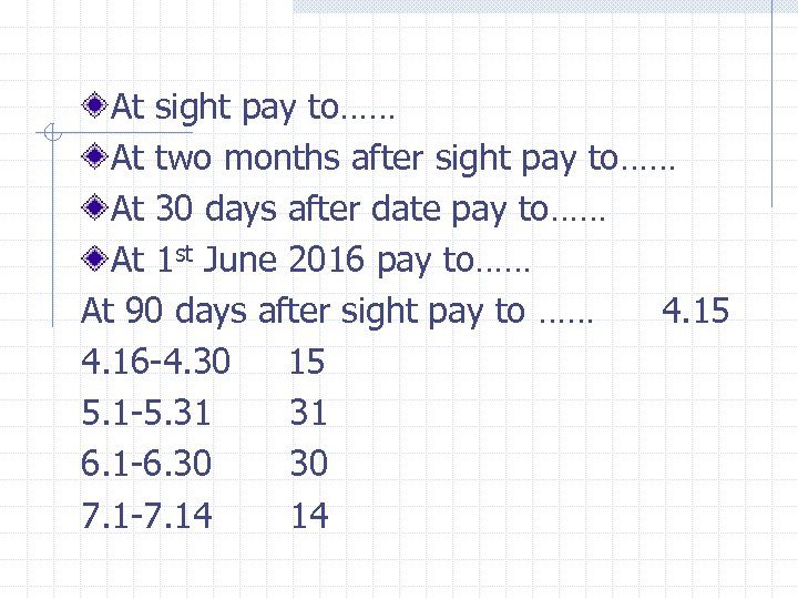 At sight pay to…… At two months after sight pay to…… At 30 days