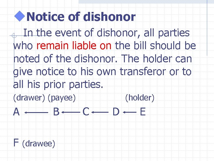 u. Notice of dishonor In the event of dishonor, all parties who remain liable