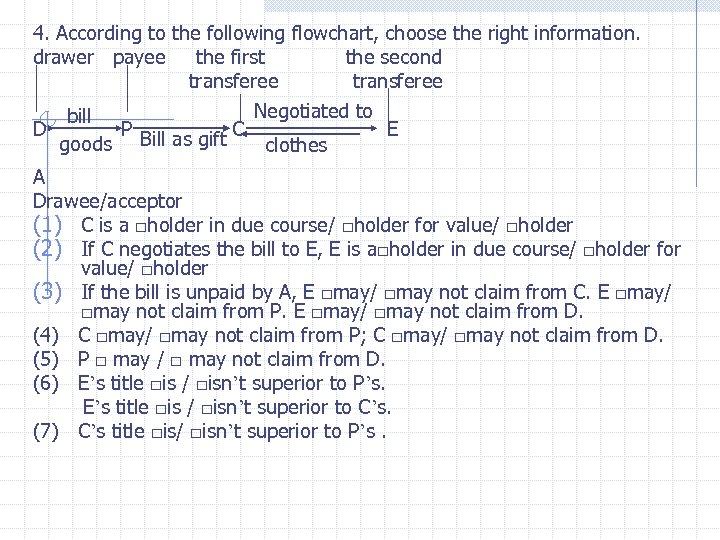 4. According to the following flowchart, choose the right information. drawer payee the first