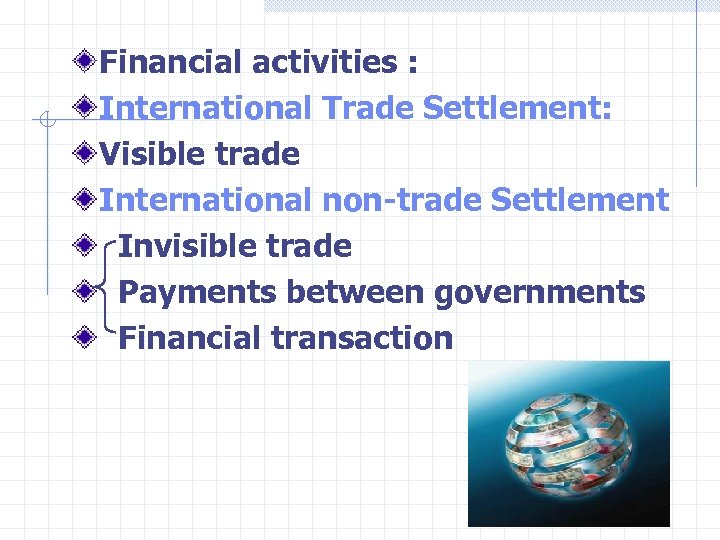 Financial activities : International Trade Settlement: Visible trade International non-trade Settlement Invisible trade Payments