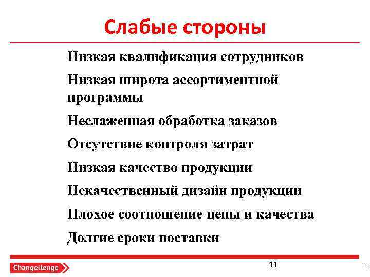 Слабые стороны Низкая квалификация сотрудников Низкая широта ассортиментной программы Неслаженная обработка заказов Отсутствие контроля