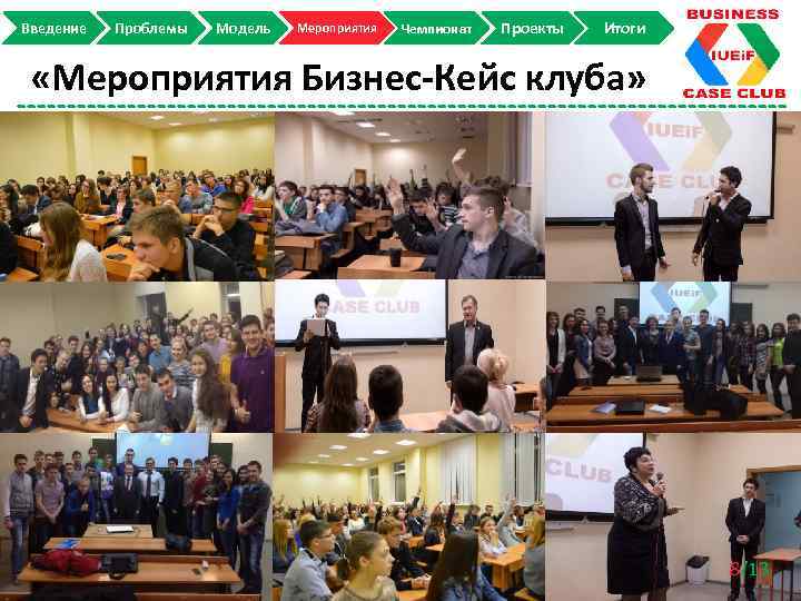 Введение Проблемы Модель Мероприятия Чемпионат Проекты Итоги «Мероприятия Бизнес-Кейс клуба» 8/13 
