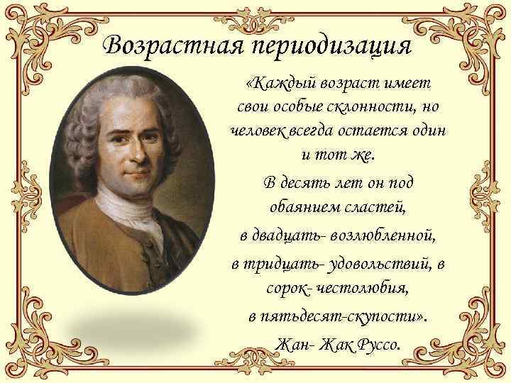 Возрастная периодизация «Каждый возраст имеет свои особые склонности, но человек всегда остается один и