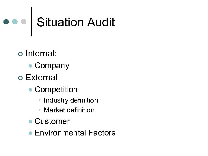 Situation Audit ¢ Internal: l ¢ Company External l Competition • Industry definition •