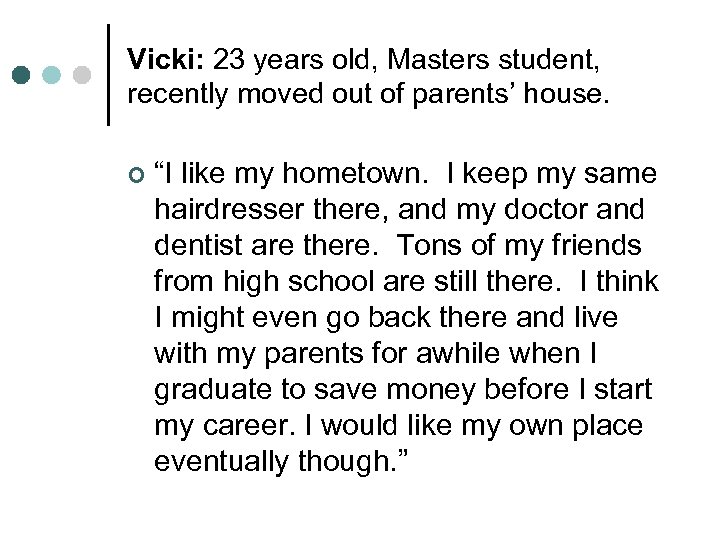 Vicki: 23 years old, Masters student, recently moved out of parents’ house. ¢ “I