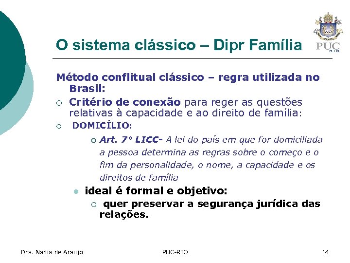 O sistema clássico – Dipr Família Método conflitual clássico – regra utilizada no Brasil: