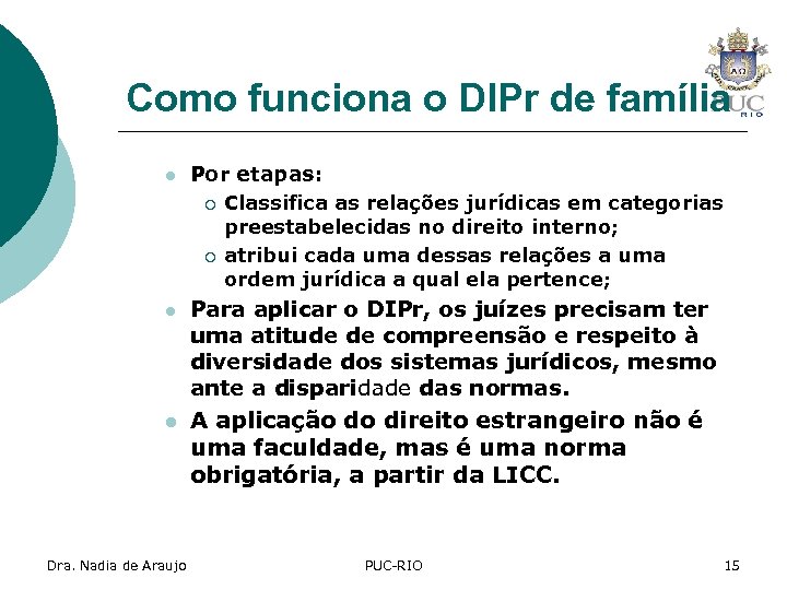 Como funciona o DIPr de família l Por etapas: ¡ ¡ l l Dra.