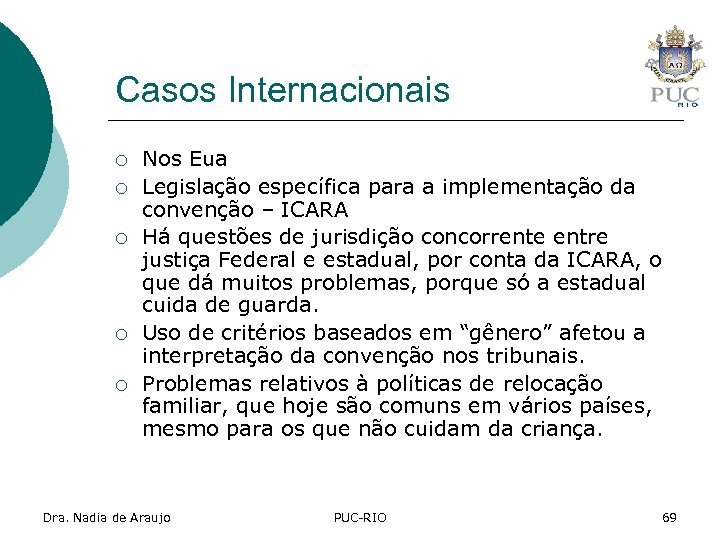 Casos Internacionais ¡ ¡ ¡ Nos Eua Legislação específica para a implementação da convenção