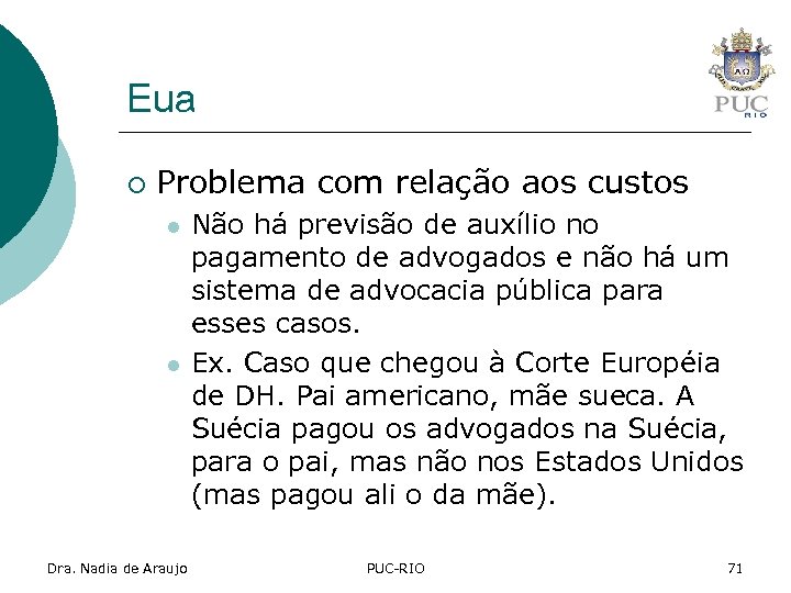 Eua ¡ Problema com relação aos custos l l Dra. Nadia de Araujo Não