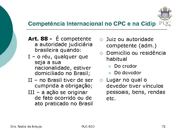 Competência Internacional no CPC e na Cidip Art. 88 - É competente a autoridade