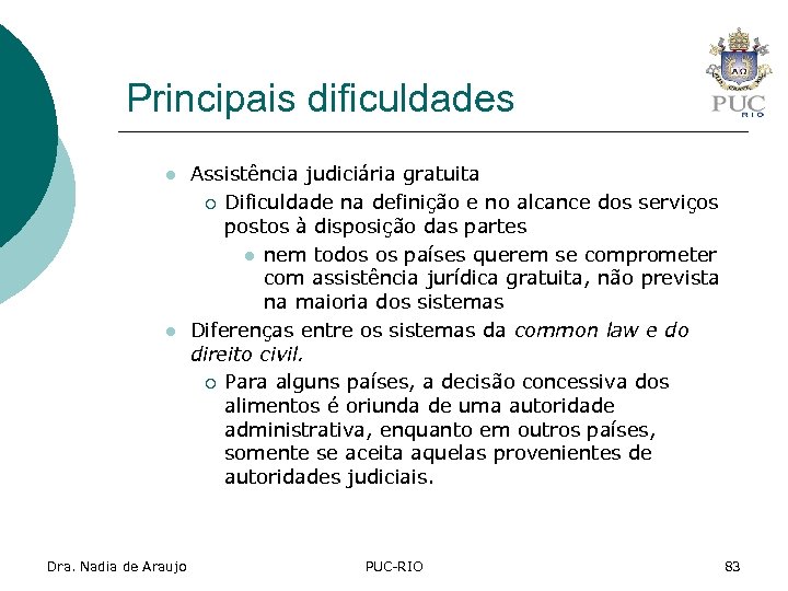 Principais dificuldades l l Dra. Nadia de Araujo Assistência judiciária gratuita ¡ Dificuldade na